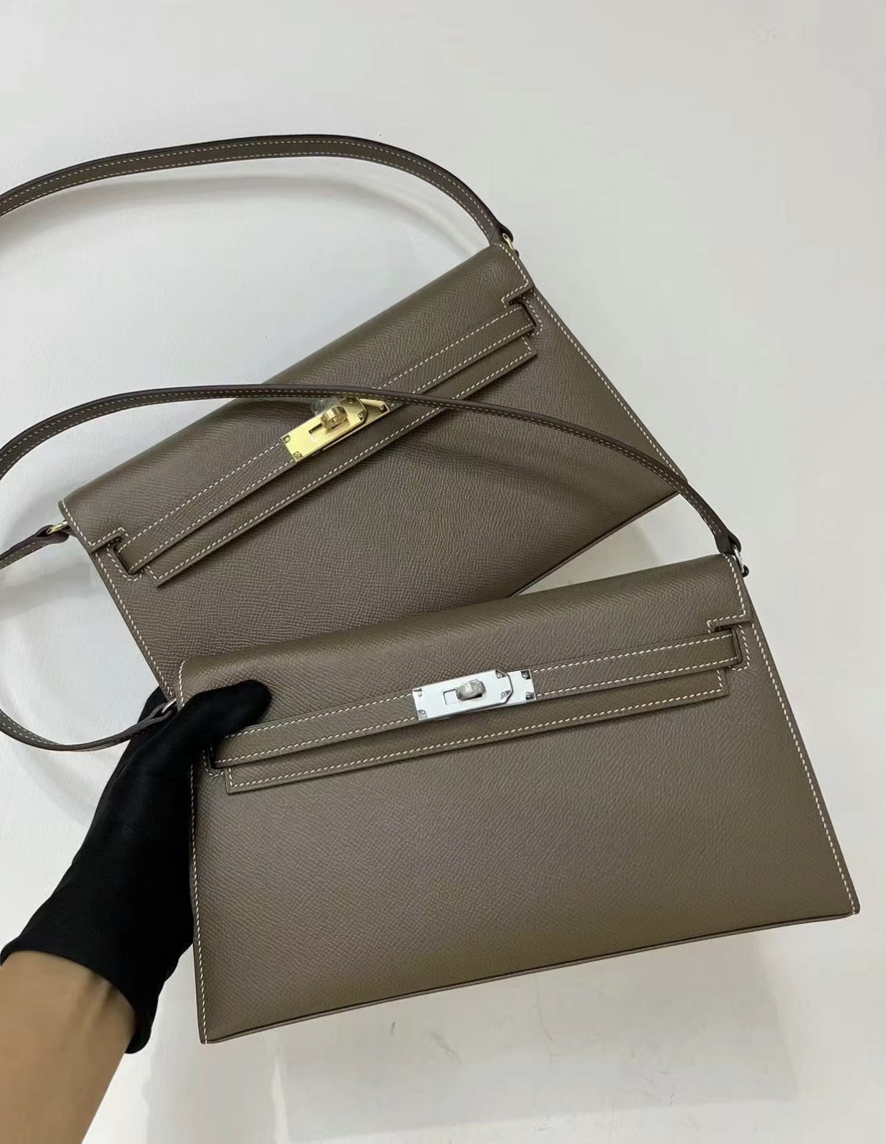 Hermes Kelly Elan Shoulder Bag in Etoupe Epsom Leather 